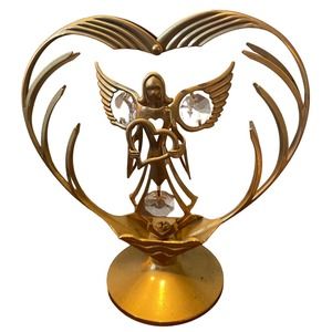 Vtg Angel Mascot Austrian Crystal And 24k Gold Plated Heart Suncatcher Figurine